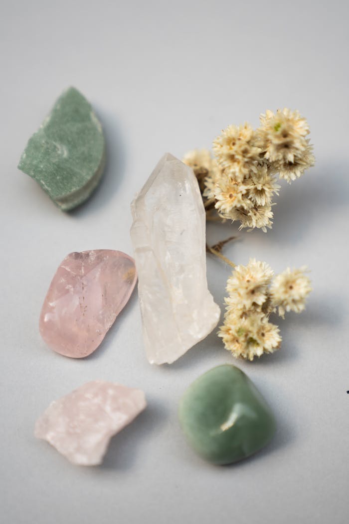 Close-up of assorted healing crystals and dried flowers on a gray surface.